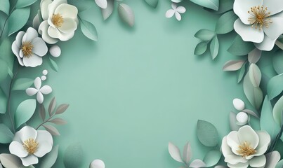 Hello Spring or Summer banner with 3D flowers and leaves. AI generated illustration.