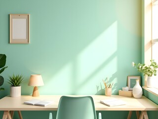 Home Office Setup with Desk, Lamp and Green Wall in Sunlight