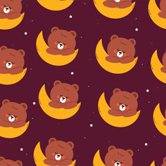 seamless pattern cute cartoon bear sleeping on the moon. cute pattern for wallpaper and background
