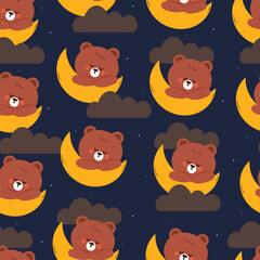 Fototapeta premium seamless pattern cute cartoon bear sleeping on the moon. cute pattern for wallpaper and background