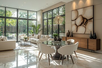 Fototapeta premium Modern dining area with round glass table, white chairs, accent sideboard, and ceramic vases. Large window with garden view, abstract wall art, and minimalistic neutral decor.