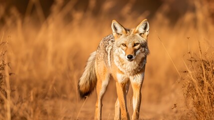 Obraz premium Lone coyote walking through dry grass natural background high resolution realistic photo stock photography