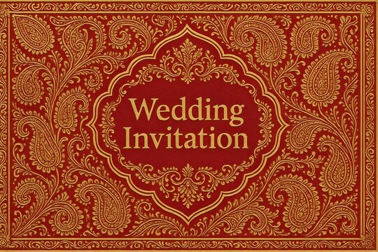 A decorative wedding invitation featuring elegant gold text and intricate red paisley patterns. Concept Elegant Wedding Invitation, Gold Text Design, Intricate Red Paisley Patterns