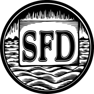 Ornate insignia featuring stylized initials above a depiction of water, land, and decorative elements.