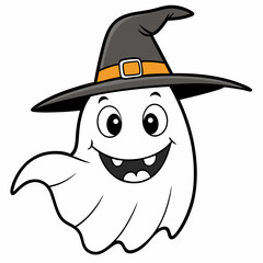 Cheerful Halloween Ghost with Witch Hat Cartoon Illustration.