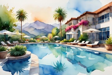Scenic mountain view resort poolside at sunset with palm trees and loungers