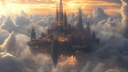 Aetherium: City in the Clouds, a breathtaking digital art depicting a majestic floating city amidst a sea of clouds during a vibrant sunset.