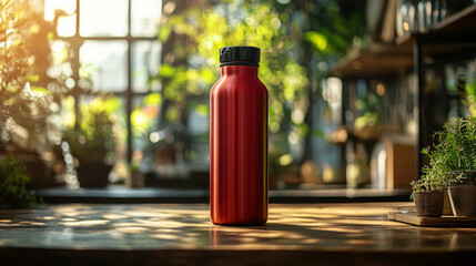 Mockup of a red reusable water bottle with black lid, designed in Indonesia using eco materials like stainless steel or glass