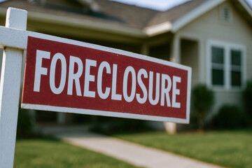 Foreclosure sign front of house warns of eviction notice due to debt issues creating stressful situation for homeowners facing financial challenges