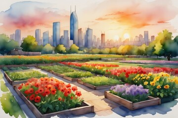 Fototapeta premium Vibrant urban garden at sunset with skyline view