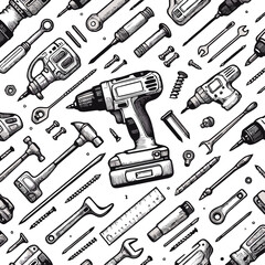 Seamless Pattern of Hand-Drawn Power Tools and Hardware