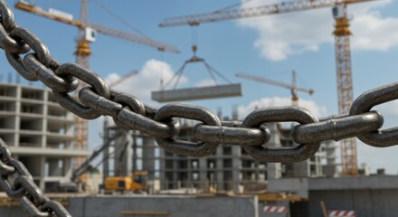 Construction Site Secured: Strong Metal Chain in Focus with Blurred Background of Cranes and Buildings Under Construction