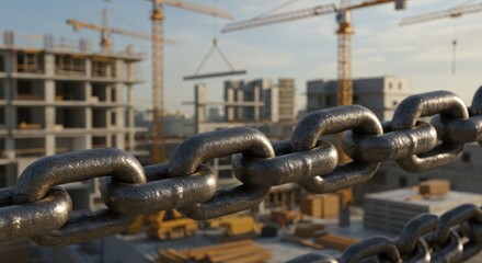 Naklejka premium Construction Site with Strong Metal Chain in Focus: Symbol of Strength and Resilience in Modern Building Projects