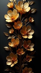 A luxurious 3D golden floral pattern rising elegantly from a matte black wall, with intricate petal textures