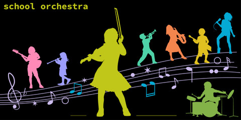Children musicants silhouettes with music elements  on black background. Vector illustration.	
