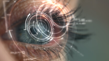 A detailed close-up of the human retina illuminated by a holographic display, projecting real-time data and interactive visual elements.