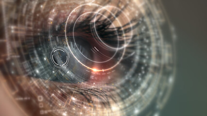 A detailed close-up of the human retina illuminated by a holographic display, projecting real-time data and interactive visual elements.