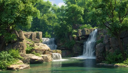 Fototapeta premium This nature waterfall is surrounded by lush greenery, making it a perfect retreat