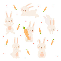 Cute bunny set in flat cartoon design. Bundle of playful and joyful rabbits in different poses like sitting, standing, jumping, running, hold carrot. Spring Easter hares. Vector illustration isolated.
