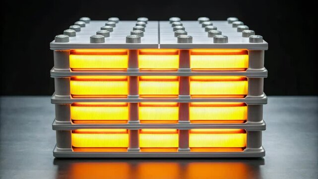 Hydrogen fuel cells, A futuristic battery pack with illuminated sections, showcasing a stacked design that emphasizes advanced technology and energy storage capabilities.
