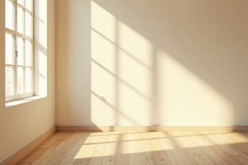 Fototapeta premium Sunlight Illuminates Empty Room with Light Wood Floor and Single Window, Casting Soft Shadows on Walls, Offering a Serene and Minimalist Interior Design Aesthetic
