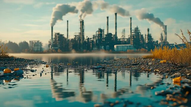 A filthy shoreline strewn with plastic waste reflects towering smokestacks belching clouds above an oil refinery. Concept of environmental degradation and industrial pollution.