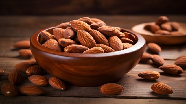 Realistic photo of roasted almonds in wooden bowl high resolution natural background stock photography food concept