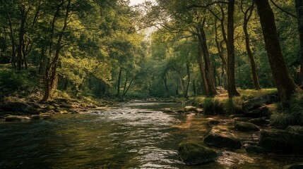 Serene river flows through a lush, green forest. The sunlight peeks through the canopy, creating a dappled effect on the water. The tranquil scene evokes feelings of peace and tranquility