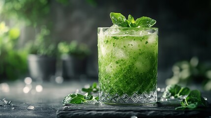 Refreshing iced green mint drink in glass with ice cubes icy cold lime leaf herb food cool water