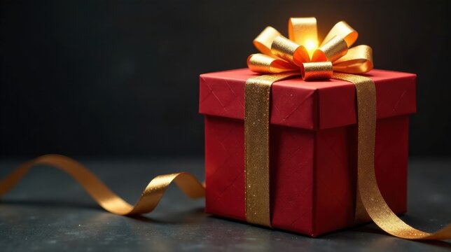 A crimson gift box adorned with a radiant gold ribbon, a symbol of festive celebration and joyous gifting occasions
