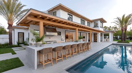 Modern Luxury Home Exterior with Pool Outdoor Kitchen and Pergola