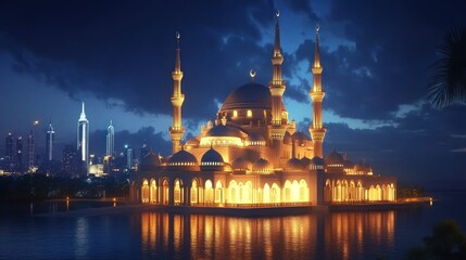 Obraz premium Grand illuminated mosque at night, reflecting in water, city skyline in the background