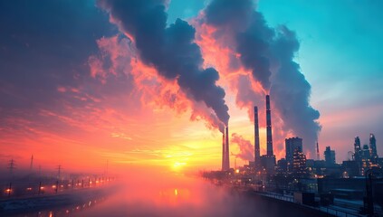 Industrial smokestacks emit thick smoke into a vibrant sunset sky, highlighting air pollution over a cityscape, Net Zero Emissions .