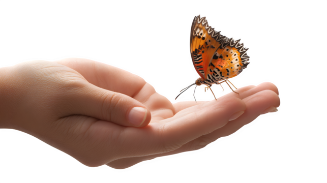 Mother and child with a butterfly landing on the child's hand, gentle and magical moment, isolated on white background
