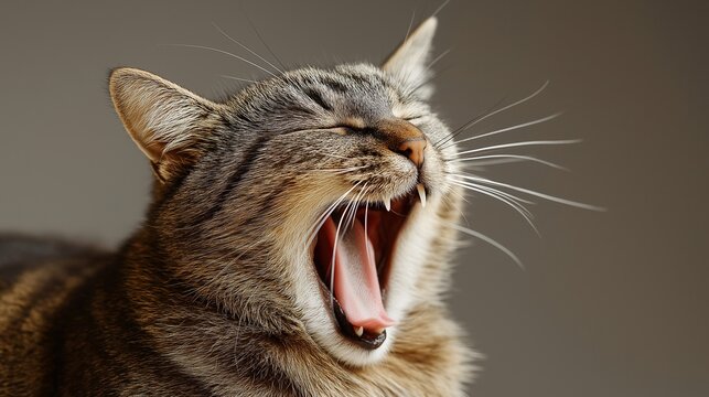 Yawning tabby cat close-up portrait. The cat's mouth is wide open, showing its pink tongue and teeth. The cat's fur is brown and gray tabby.