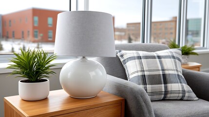 Modern White Table Lamp with Plant Plaid Throw Pillow on Side Table near Window