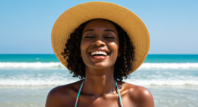 Black woman with a big smile, wearing a straw hat and a swimsuit and enjoying a sunny day by the sea. She is on a beach with the ocean and a clear blue sky in the background.
