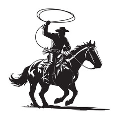 Cowboy rides a horse and throws a lasso. Cowboy on the rodeo. Vector Black silhouettes. with white background