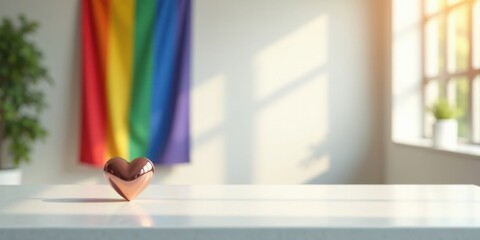 A Rose Gold Heart Rests on a Table, a Rainbow Flag Softly Blurred in the Background, Sunlight Streaming Through a Window