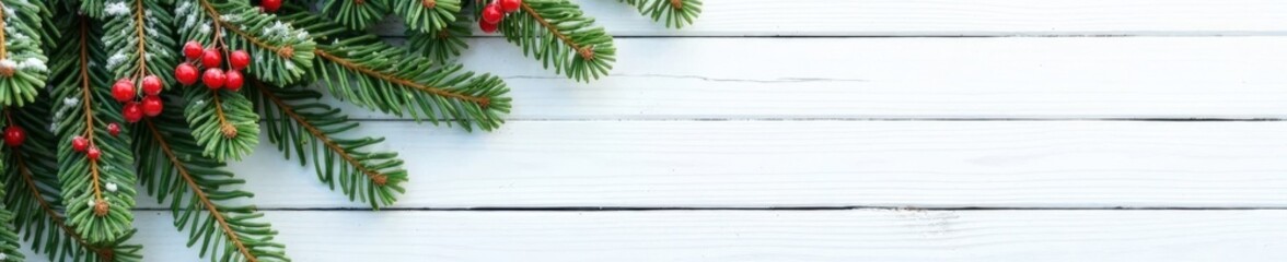 Fototapeta premium Fir branches with snowfall on wooden white background, festive atmosphere, White Background, Wood, Fir Branches