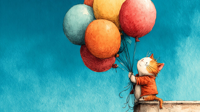 Cute cartoon kitten holding colorful balloons against a blue sky  