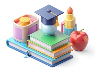 3D Education Icon Set with Books, Graduation Cap, Apple, and Trophy