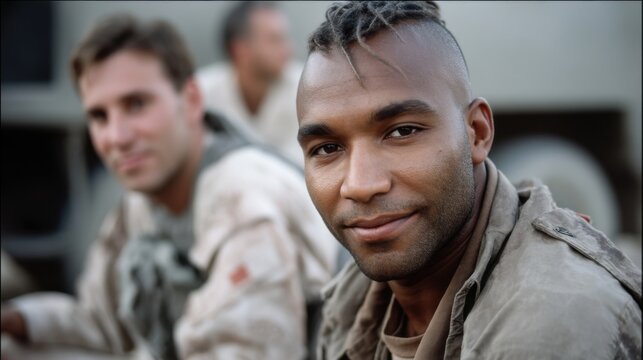 Diverse Group of Military Soldiers Sitting Together Outdoors, Focus on Confident African American Male Soldier, Teamwork Concept
