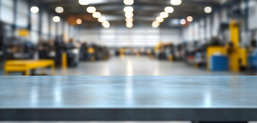 blurred background of factory and empty steel tabletop in foreground. Business presentation