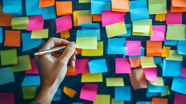 Office workers writing ideas and strategies on sticky notes during a collaborative brainstorming session - Powered by Adobe