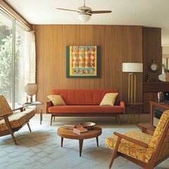 Contemporary Living Room Interior with Stylish Furniture, Wooden Accents, and Elegant Decor: Premium AI Art Concept for Posters, Banners, and Wallpapers