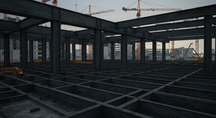 Fototapeta premium Construction Site Steel Framework: A Grid of Beams and Construction Cranes in the Background