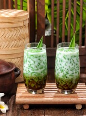 Es cendol or Es Dawet is a drink made from rice flour and so on which is formed using a filter, then mixed with sugar water and coconut milk.