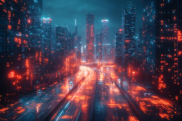 Obraz premium Futuristic cityscape at night with traffic flowing on highway