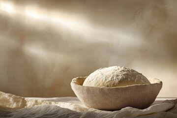 A freshly risen sourdough bread dough rests in a linen bowl, bathed in warm sunlight.